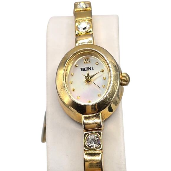 Elgin II Women's Clear Crystal Gold Toned Bracelet Band Analog Minimalist Oval - Picture 8 of 8